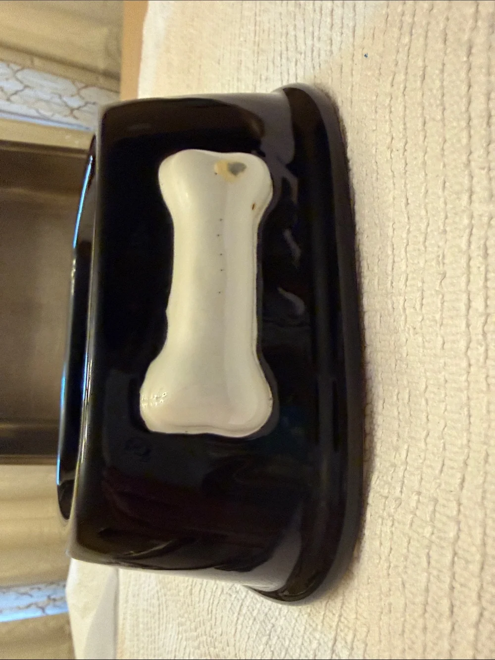 Black Ceramic Dog Bowl with White Bone Accent -cleaned and sanitized